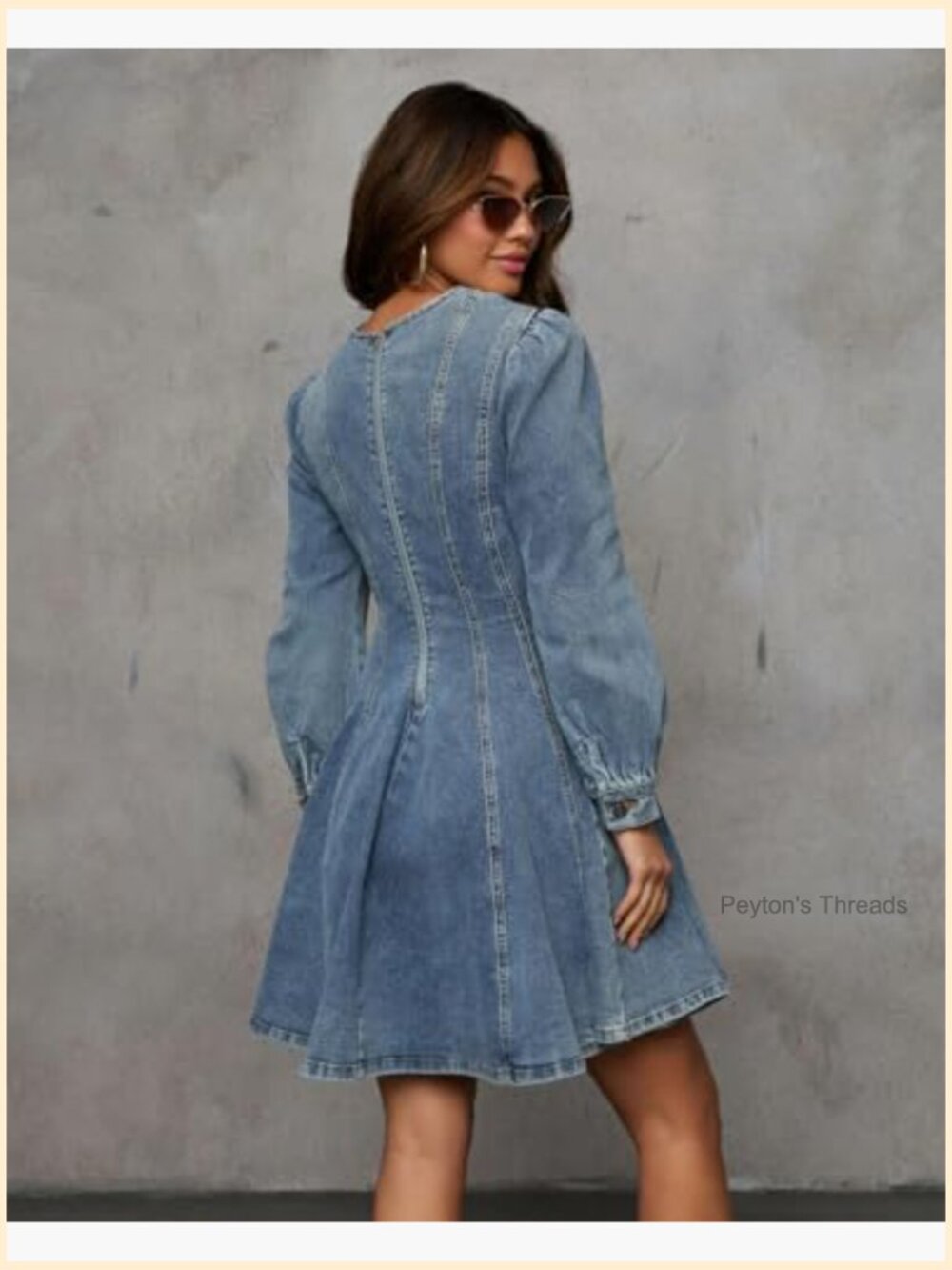 Long Sleeve Denim Mini Dress Stretchy Slim Fit Ruffle Swing A Line Jean Dress - Picture 4 of 7